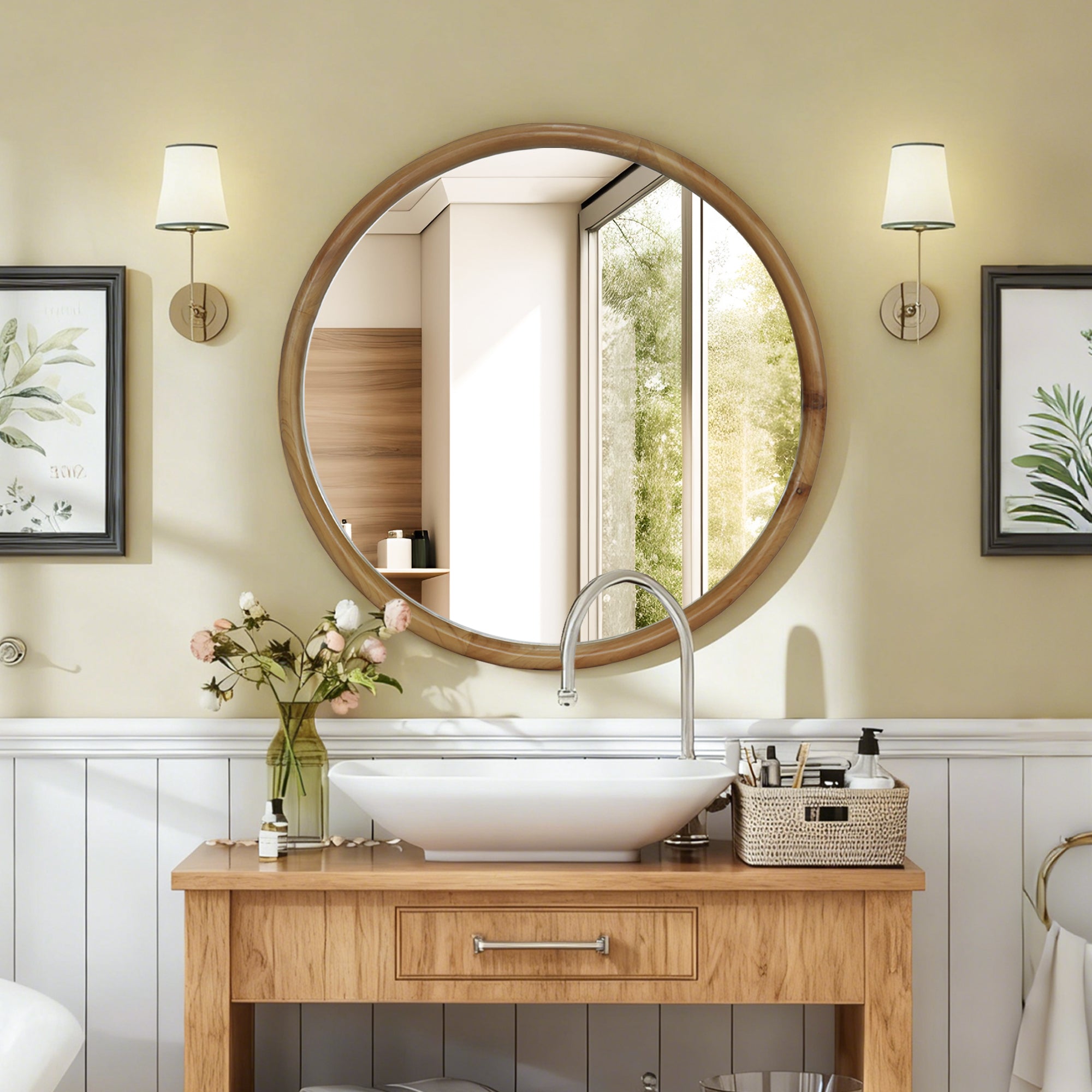 Round Wood Framed Wall Mirror