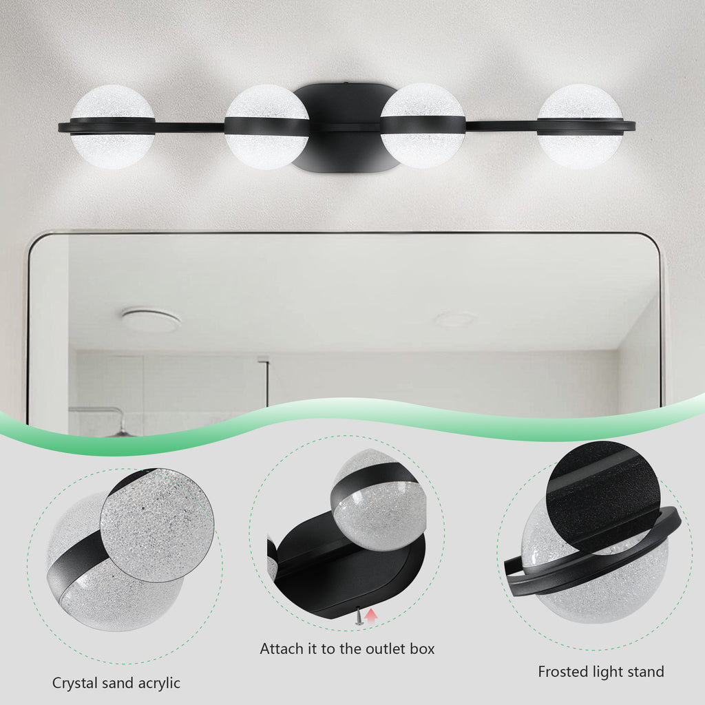 30in Black Minimalist LED Bathroom Vanity Light With Crystal Sand Acry