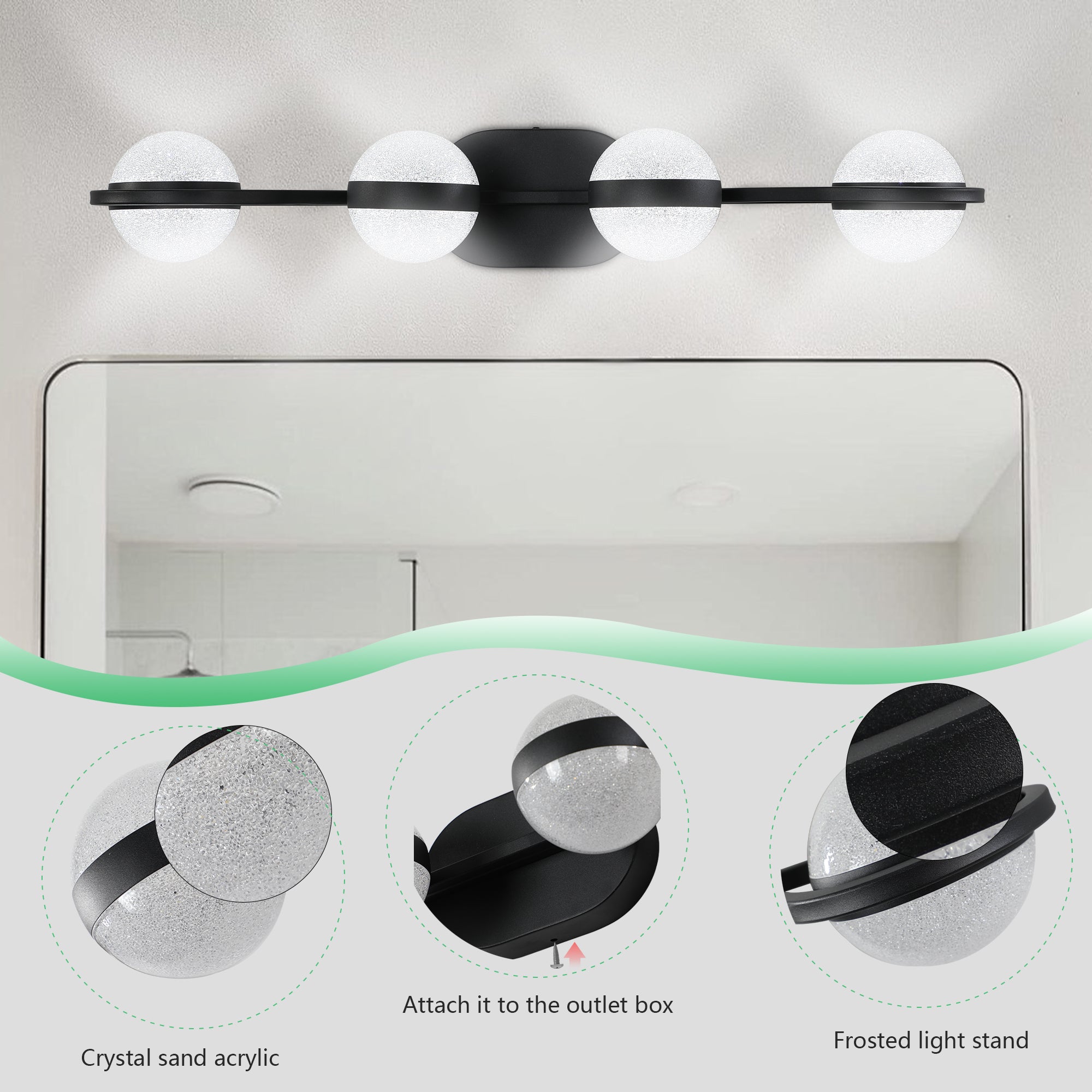 30in Black Minimalist LED Bathroom Vanity Light With Crystal Sand Acry