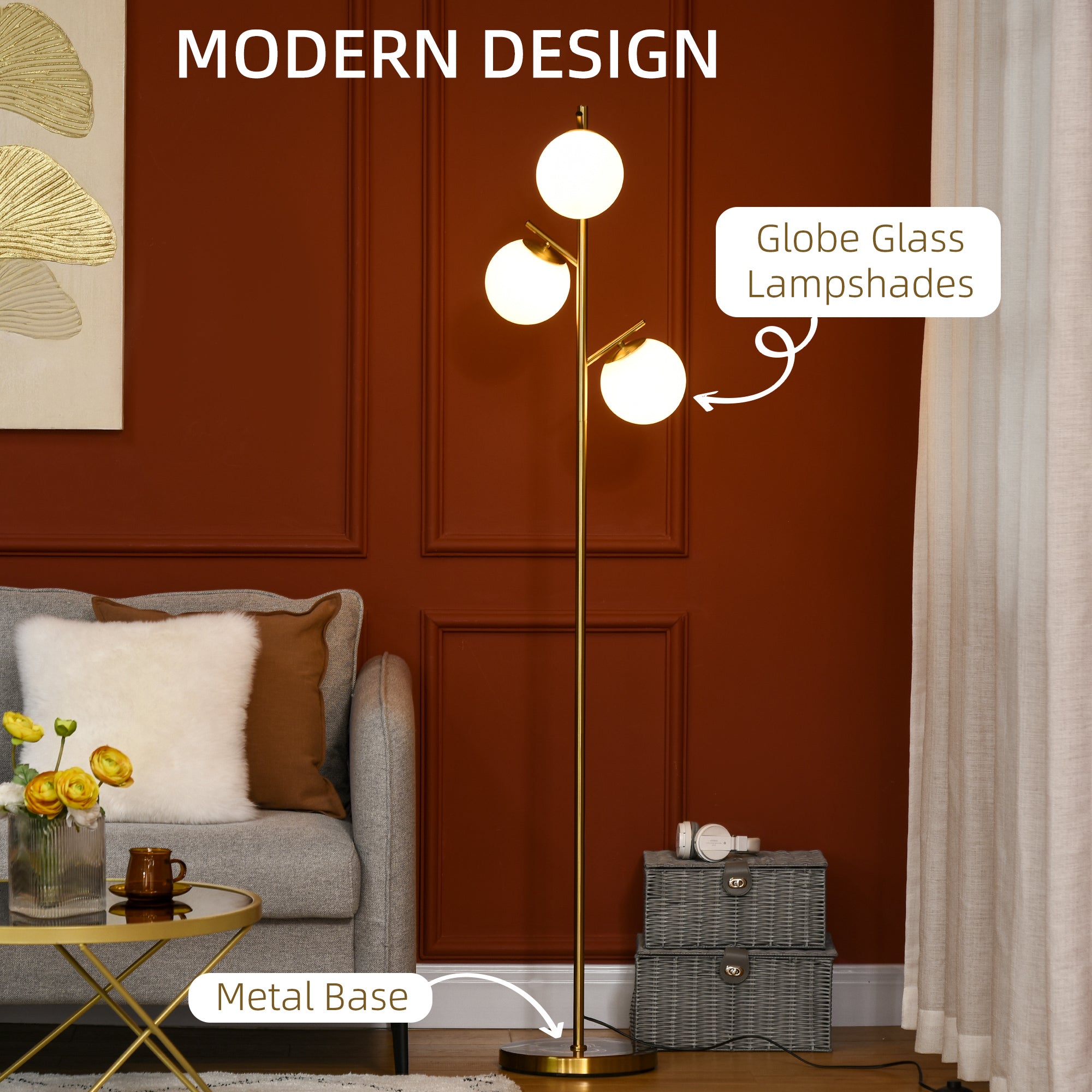 Modern 3-Globe Tree Floor Lamp, Slim Standing Lamp for Living Room