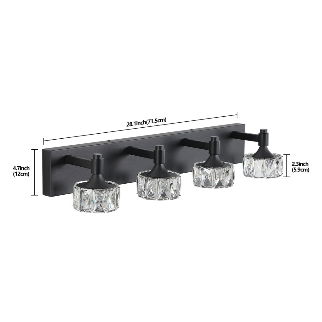 Crystal Glass Vanity Light, 4-Light Matte Black LED Bathroom Fixture
