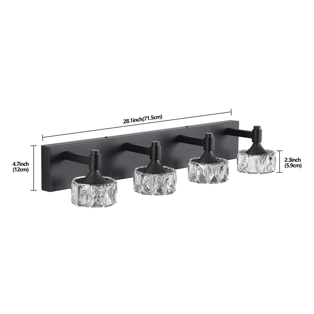 Crystal Glass Vanity Light, 4-Light Matte Black LED Bathroom Fixture