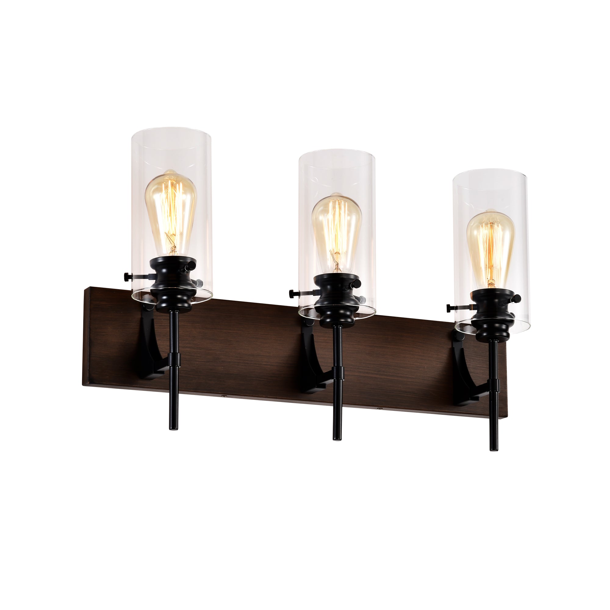 3-Light Matte Black Wood Color Bathroom Light Fixtures
