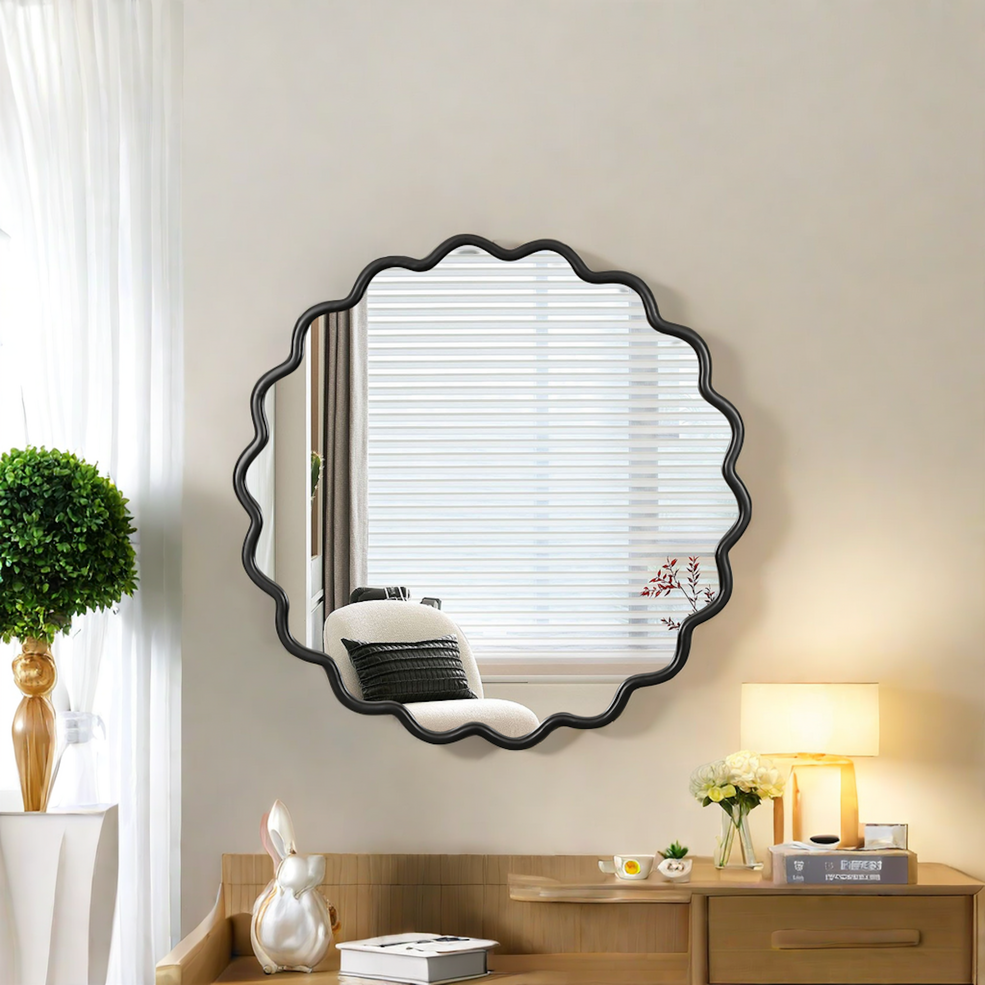 Solid Wood Wavy Mirror-Black Vanity Mirror Wall Decor 36X 36 Modern Mi