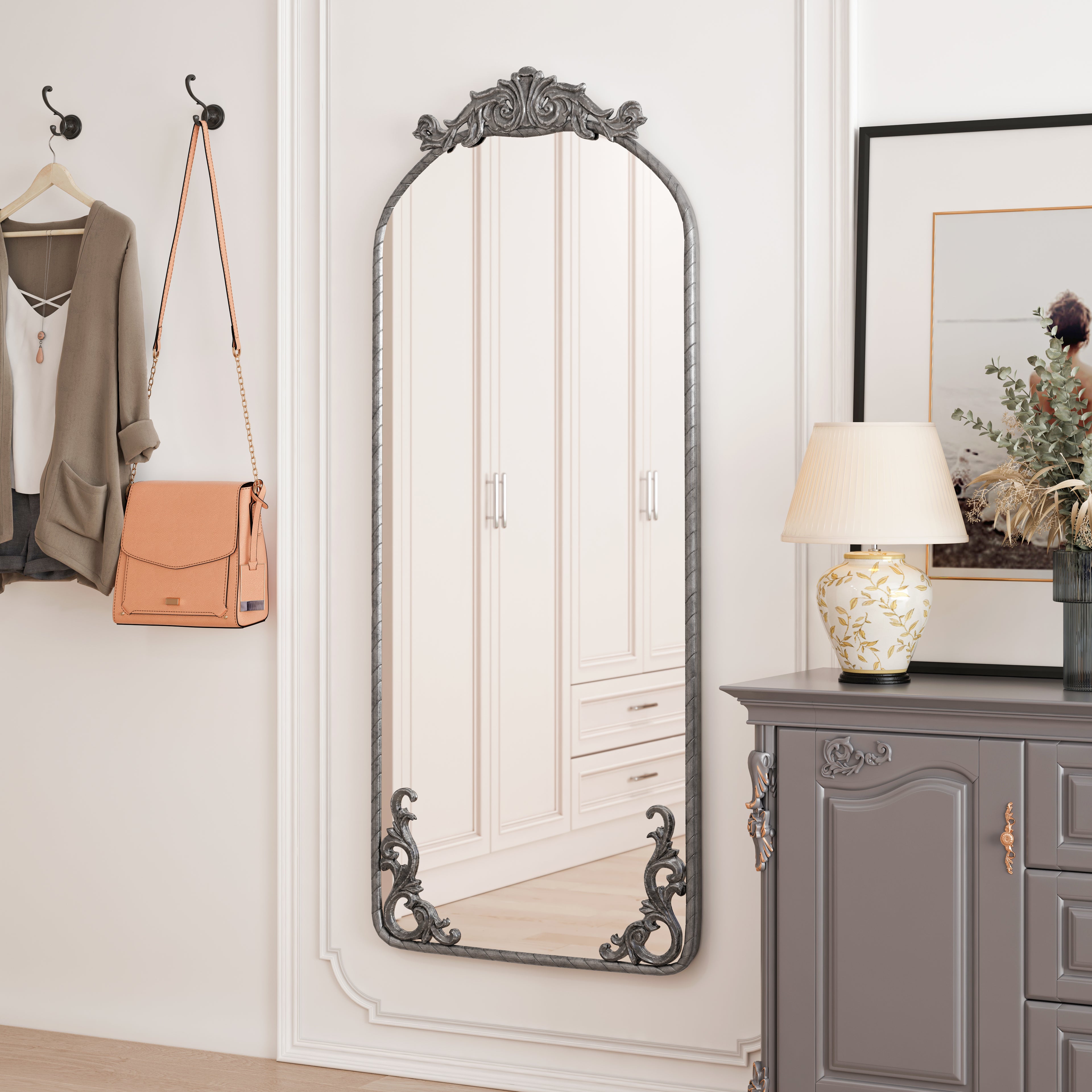58x24 Arched Full Body Mirror With Vintage Ornate Carved Applique On T