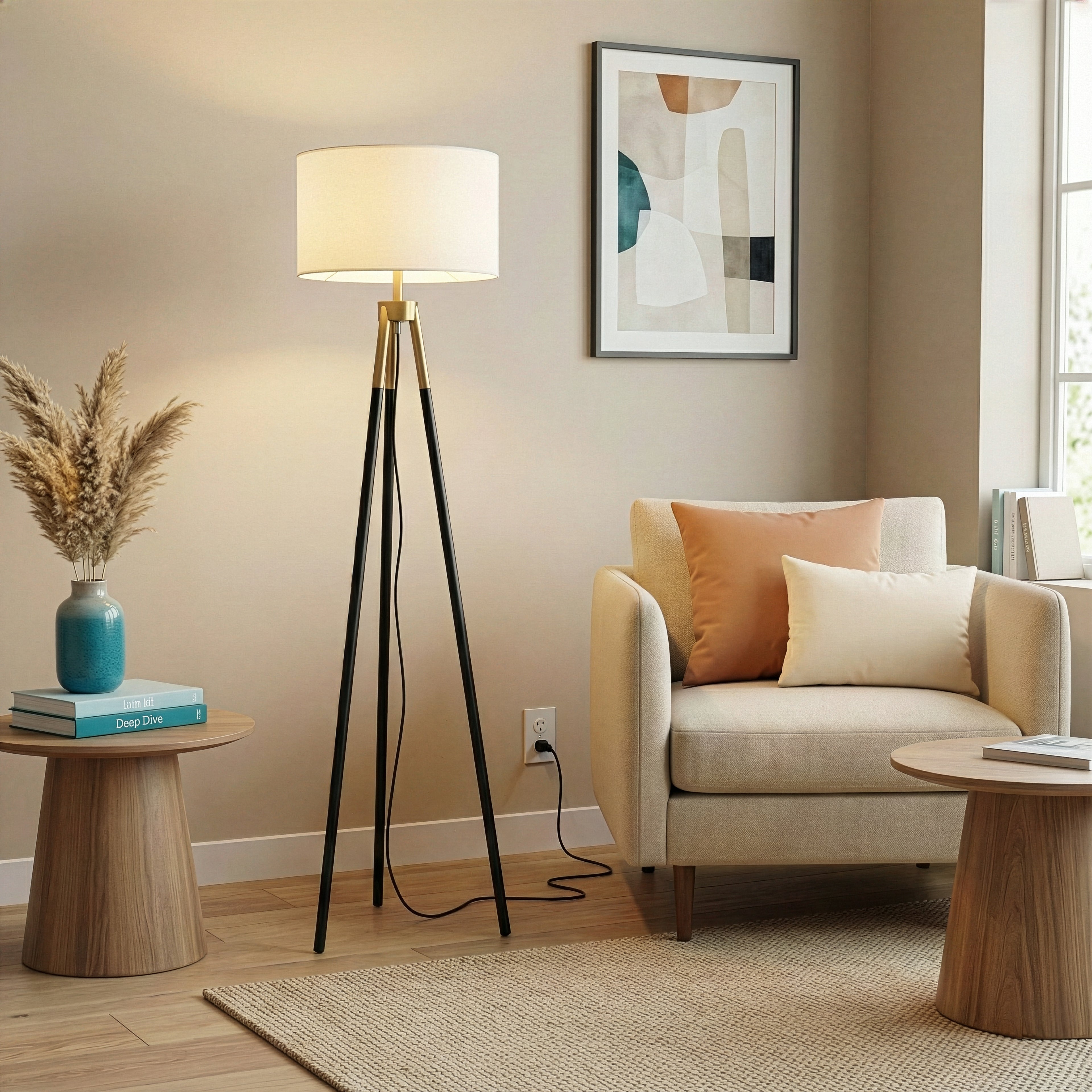 Sway Brassed Gold Floor Lamp With On Off Triple Legs White Fabric Shad
