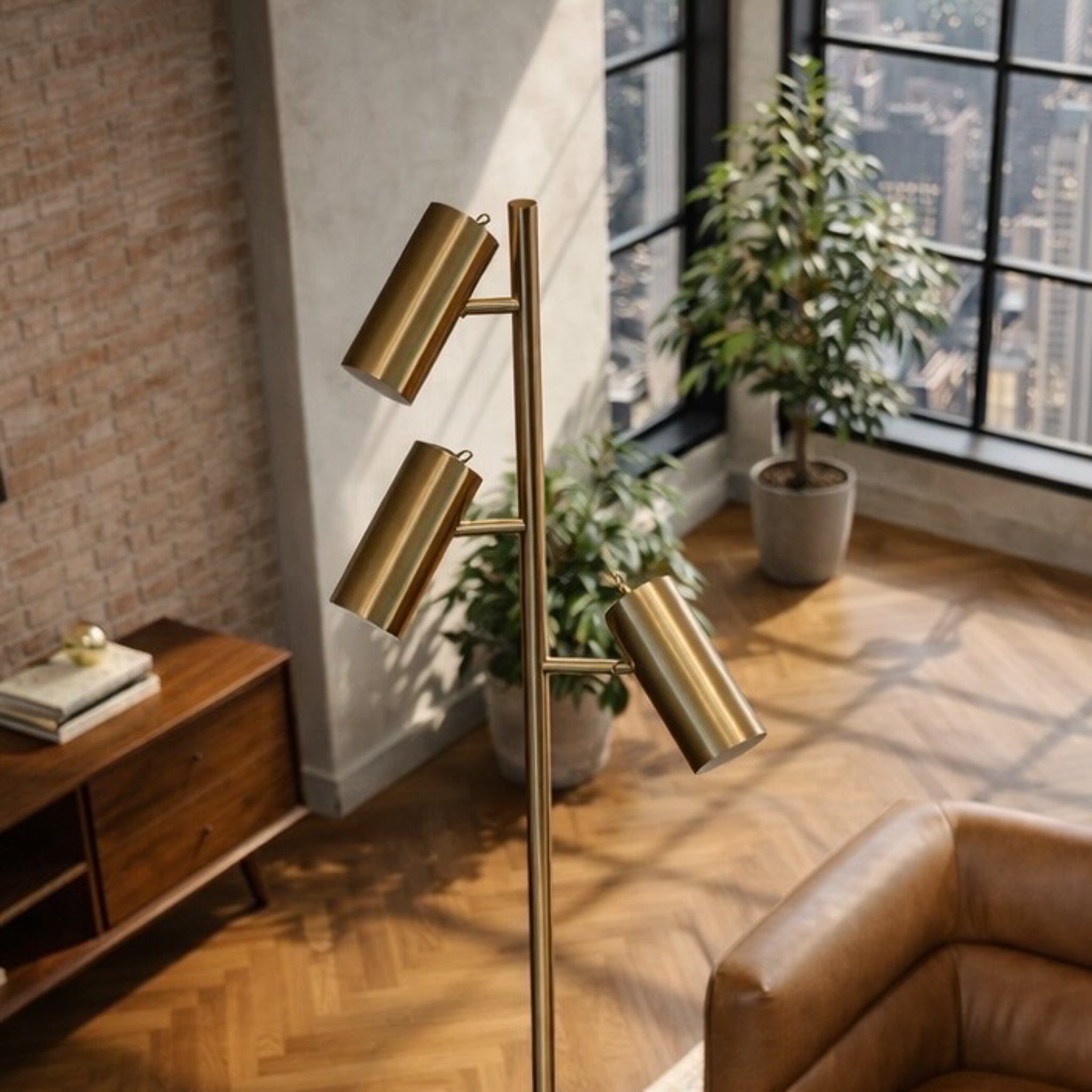Lumina Brassed Gold Floor Lamp With Rotary Triple Spots Metal Cone Bas