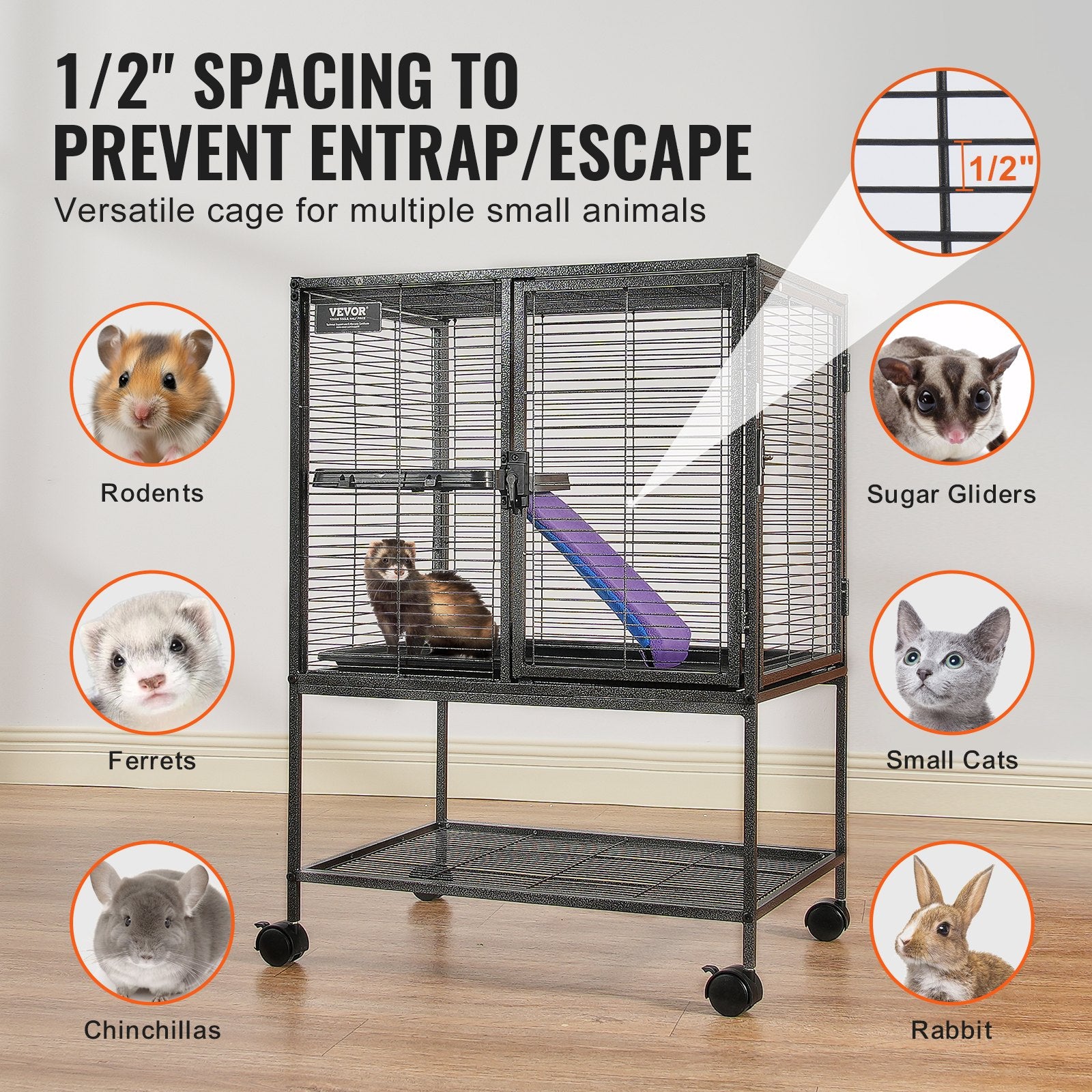 34' Metal Small Animal Cage 2-Tier Rolling Ferret Cage With Tray A Ram