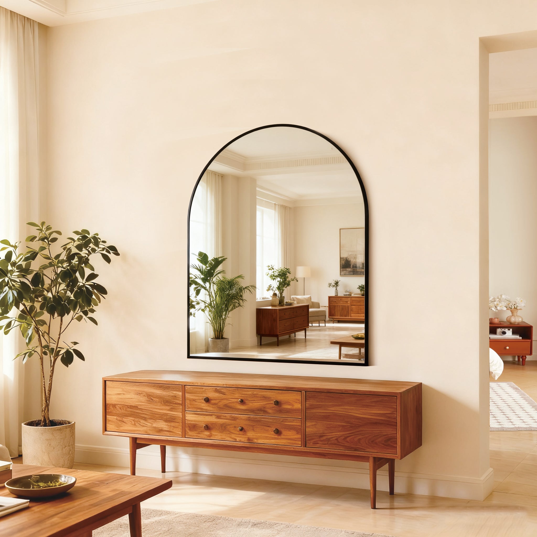 30x36 Inch Black Metal Framed Arched Bathrrom Mirror For Wall.