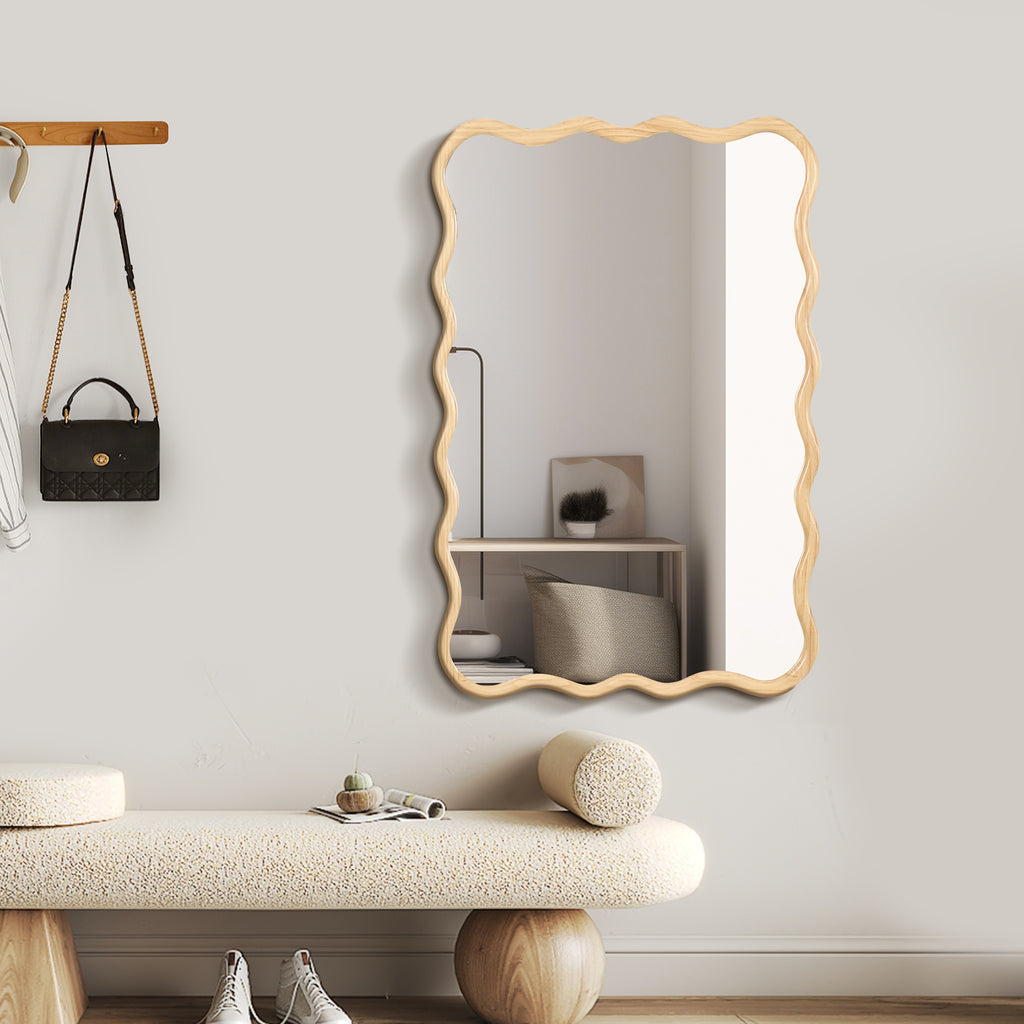Solid Wood Wavy Rectangle Mirror-Natural-Wood 40X 28 Modern Mirror Wal