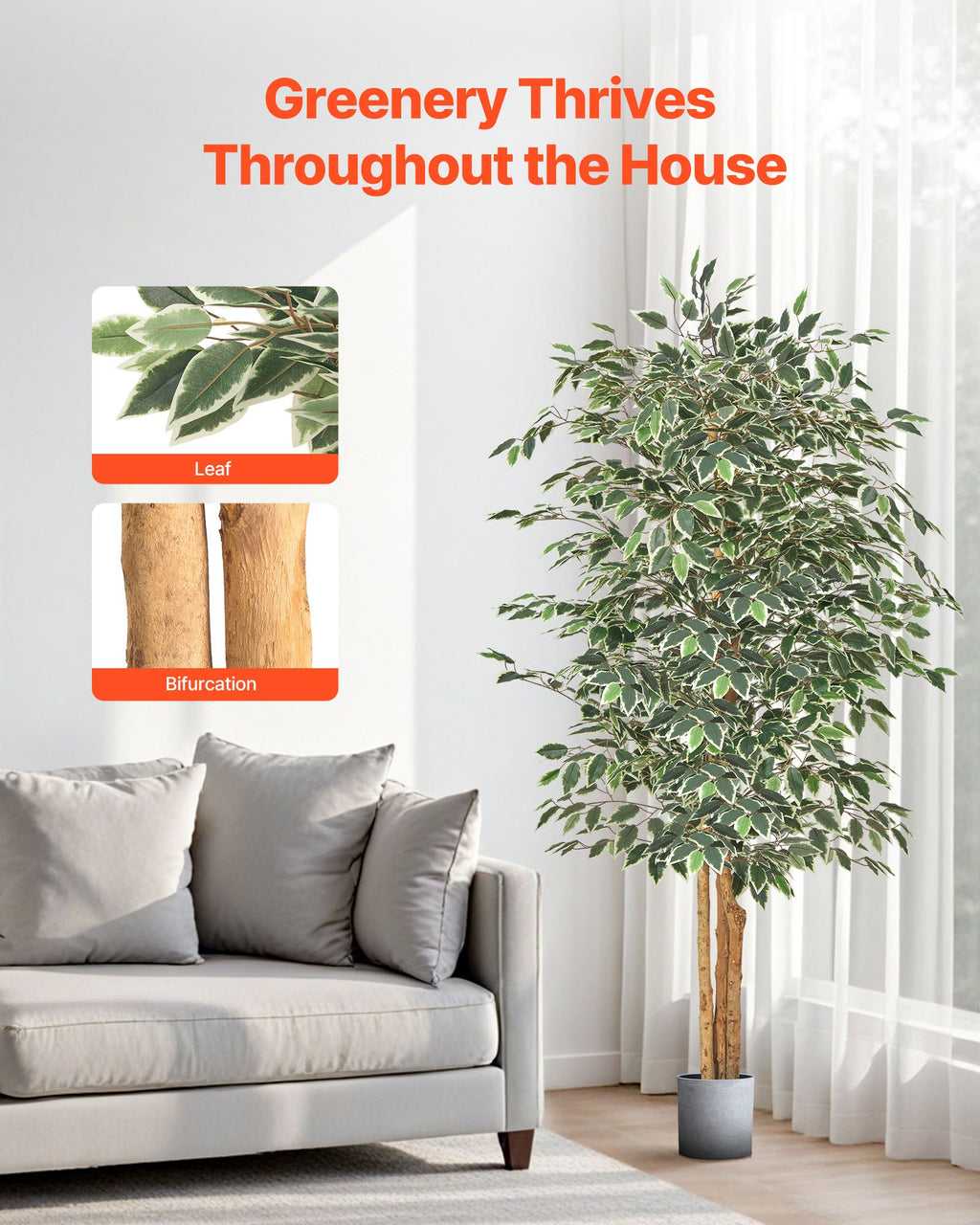 6FT Artificial Ficus Tree Tall Faux Plant With Black Pot For Indoor De