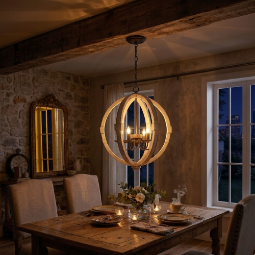 6-Light Wood Chandelier | Adjustable Chain Lighting