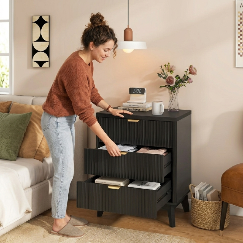 Fluted Wood Nightstand | Curved Drawer Design