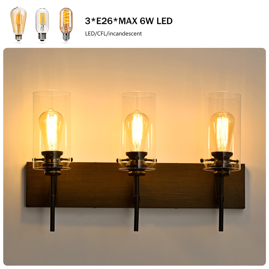 3-Light Matte Black Wood Color Bathroom Light Fixtures