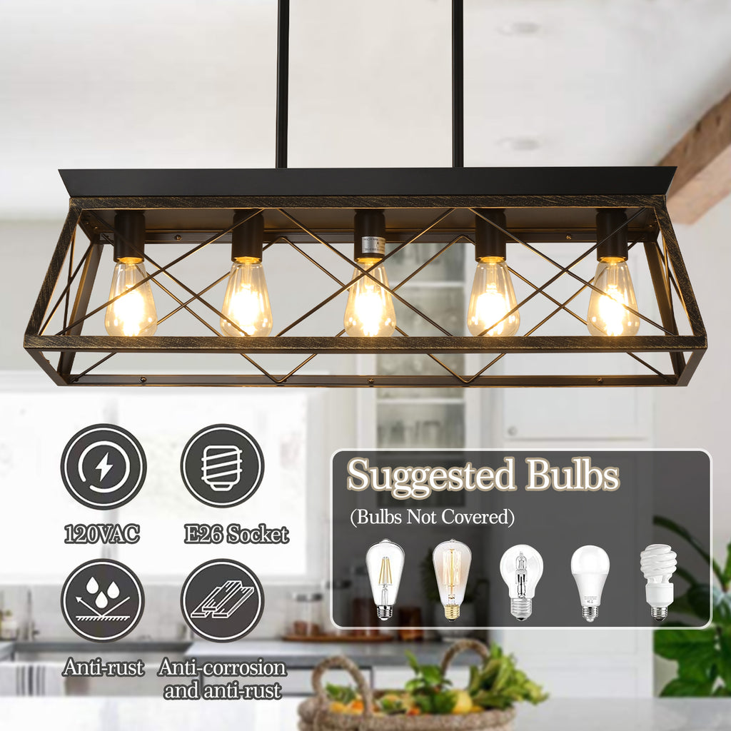 32in Black Gold Industrial 5-Light Pendant Chandelier