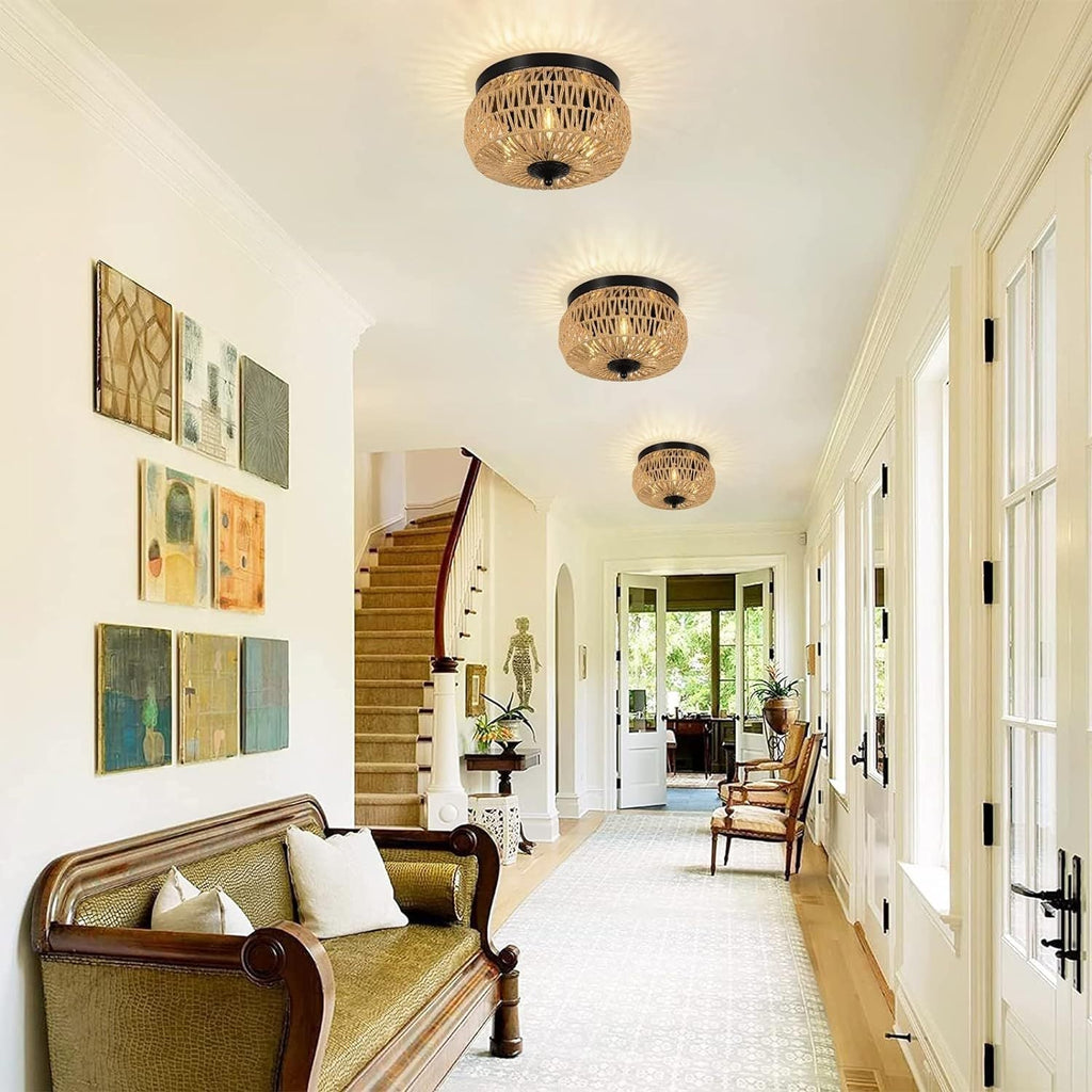 Woven Rattan 3-Lamp Chandelier | Handmade Cage Design