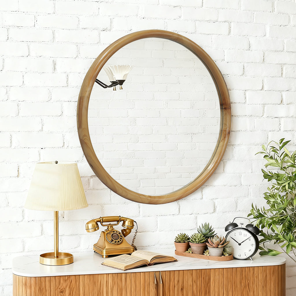 Round Wood Framed Wall Mirror