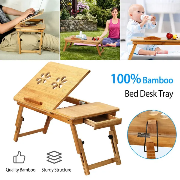 Bamboo Laptop Desk Breakfast Serving Bed Tray Foldable Leg Multi-Posit