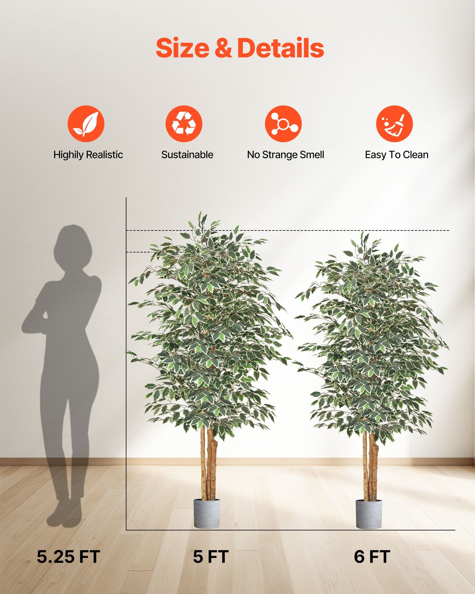 6FT Artificial Ficus Tree Tall Faux Plant With Black Pot For Indoor De