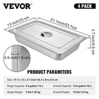 VEVOR 4 Pack Steam Table Pans 20.9 X 12.8 X 3.9 Inch Deep Steam Table