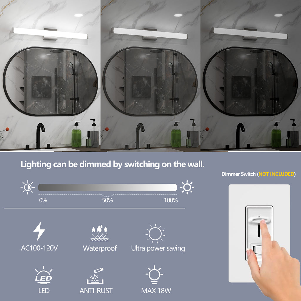 Bathroom Vanity Light Brushed Nickel Square LED 33inch 18W 6000K Cool