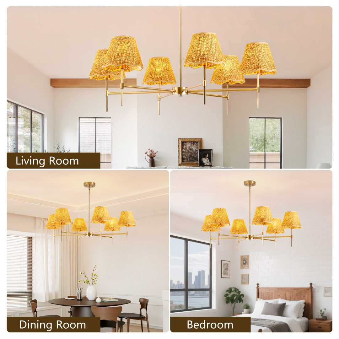 Boho Rattan Chandelier 6-Lights Rustic Industrial Pendant Light Large