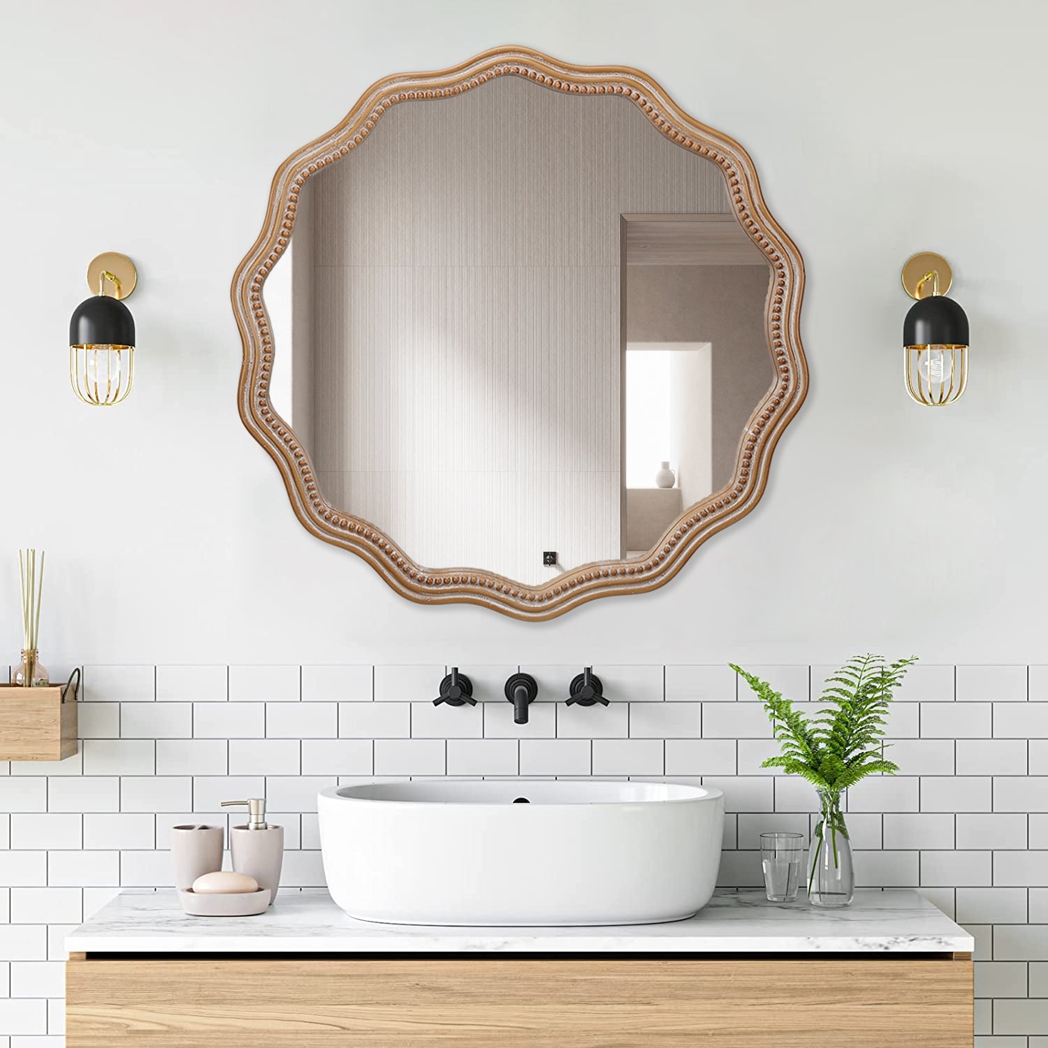 23.62 Inches Wood Round Wavy Wall Mirror Round Wall Mirror Scalloped M