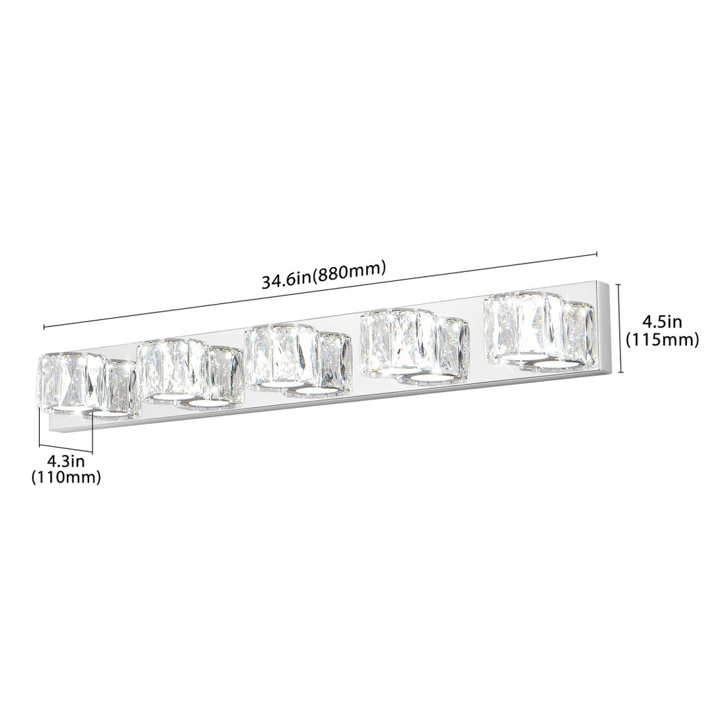 35 Modern Crystal 5-Light LED Wall Sconce -Elegant Chrome Bathroom Van