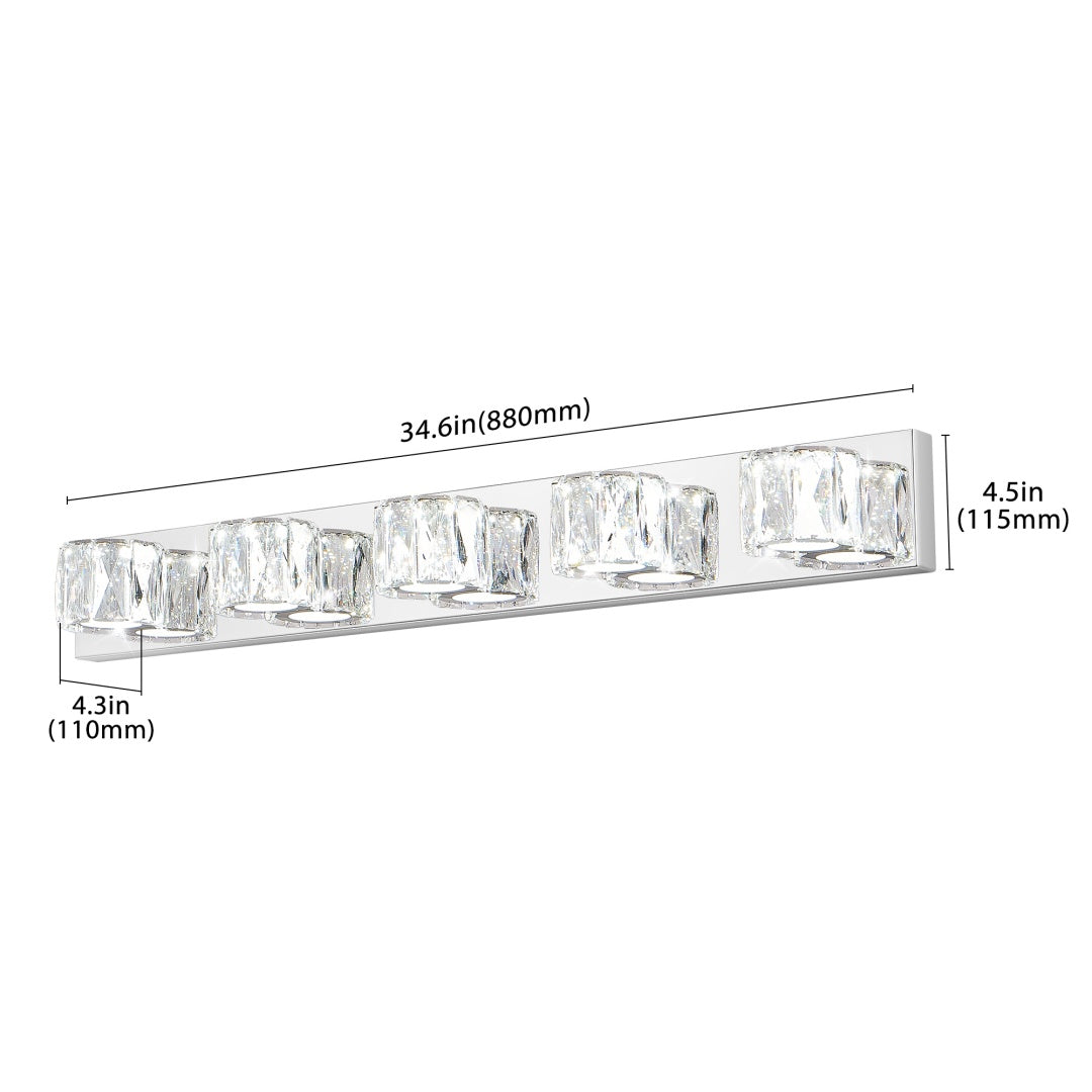 35 Modern Crystal 5-Light LED Wall Sconce -Elegant Chrome Bathroom Van