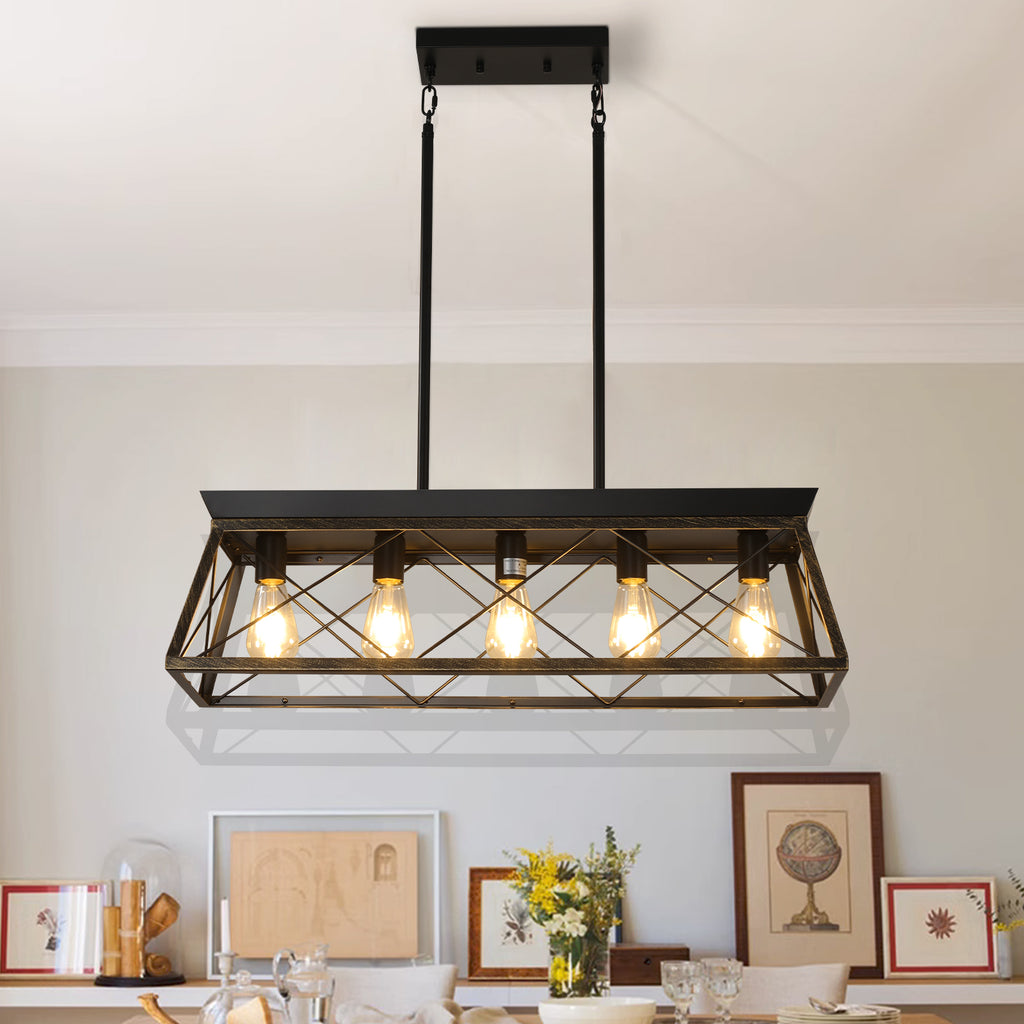 32in Black Gold Industrial 5-Light Pendant Chandelier