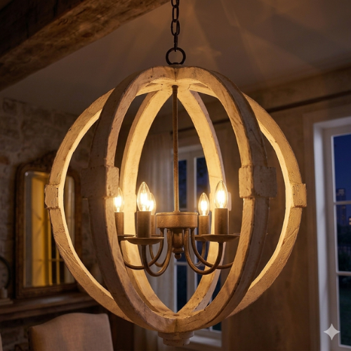 6-Light Wood Chandelier | Adjustable Chain Lighting