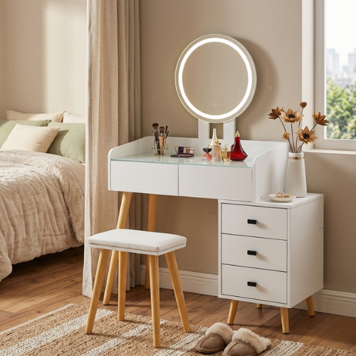 LED Glass Dressing Table Set | Extendable Side Design