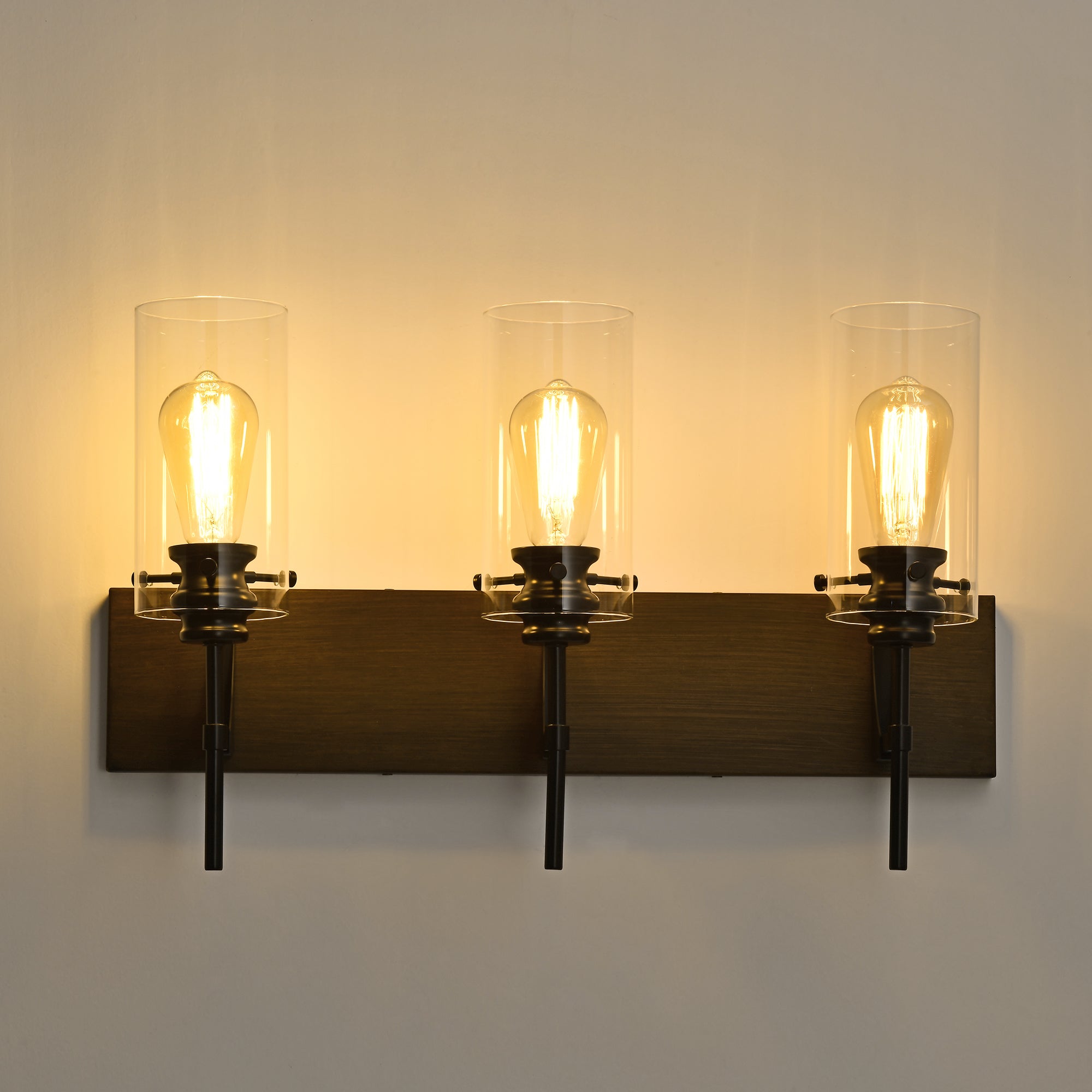 3-Light Matte Black Wood Color Bathroom Light Fixtures