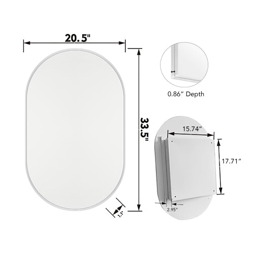 20x34 Inch Oval Recessed Metal Frame Bathroom Wall Cabinet With Mirror