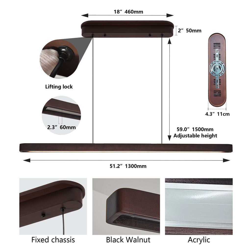 Walnut Wood LED Pendant Light, Linear 51 Inch, Dimmable