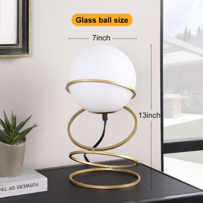 Glass Globe Table Lamp, Matte Gold Spiral Ring Base, 13.5 Inch