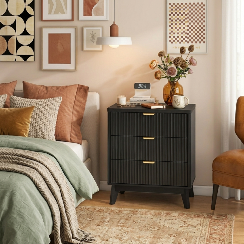Fluted Wood Nightstand | Curved Drawer Design