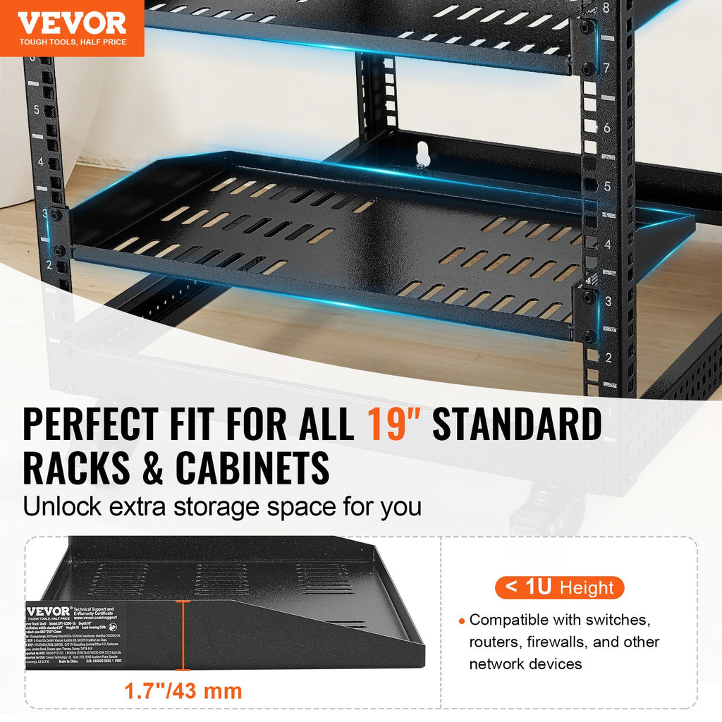 VEVOR 2PCS 1U Server Rack Shelf Depth Vented Rack Mount Shelf Tray