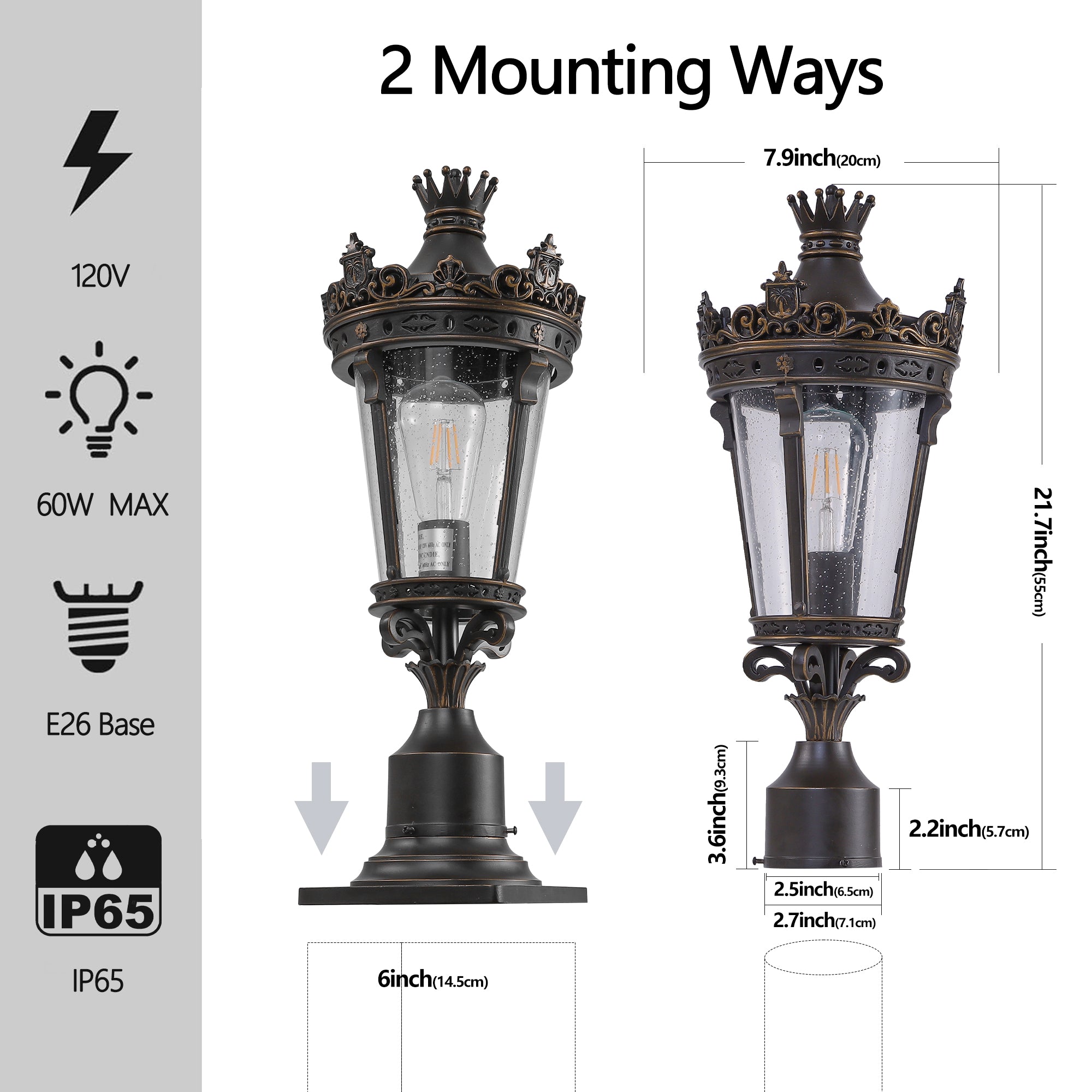 22 H Vintage Crown Outdoor Post Lantern