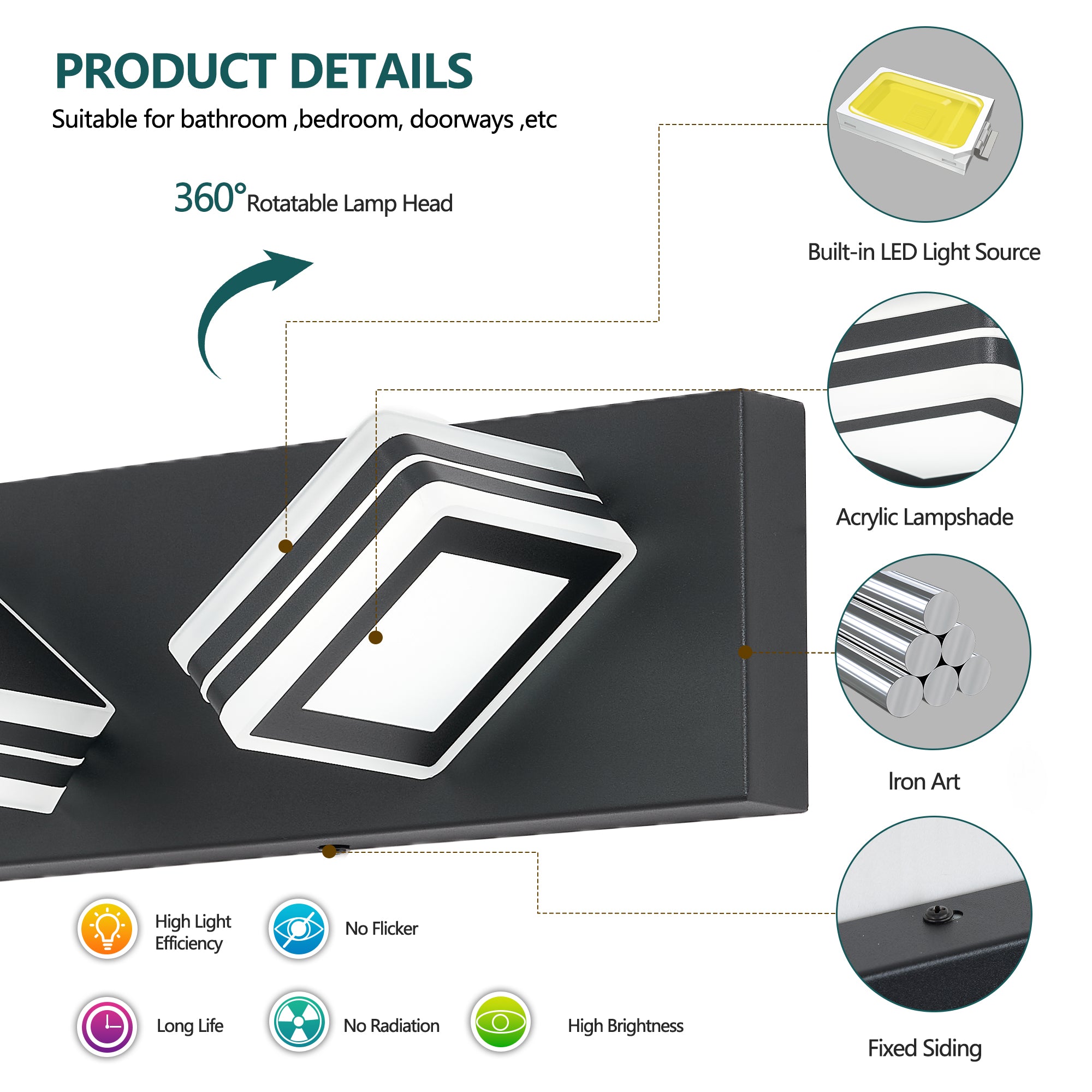 Matte Black Vanity Light Fixtures 3 Lights Up And Down LED Modern Bath
