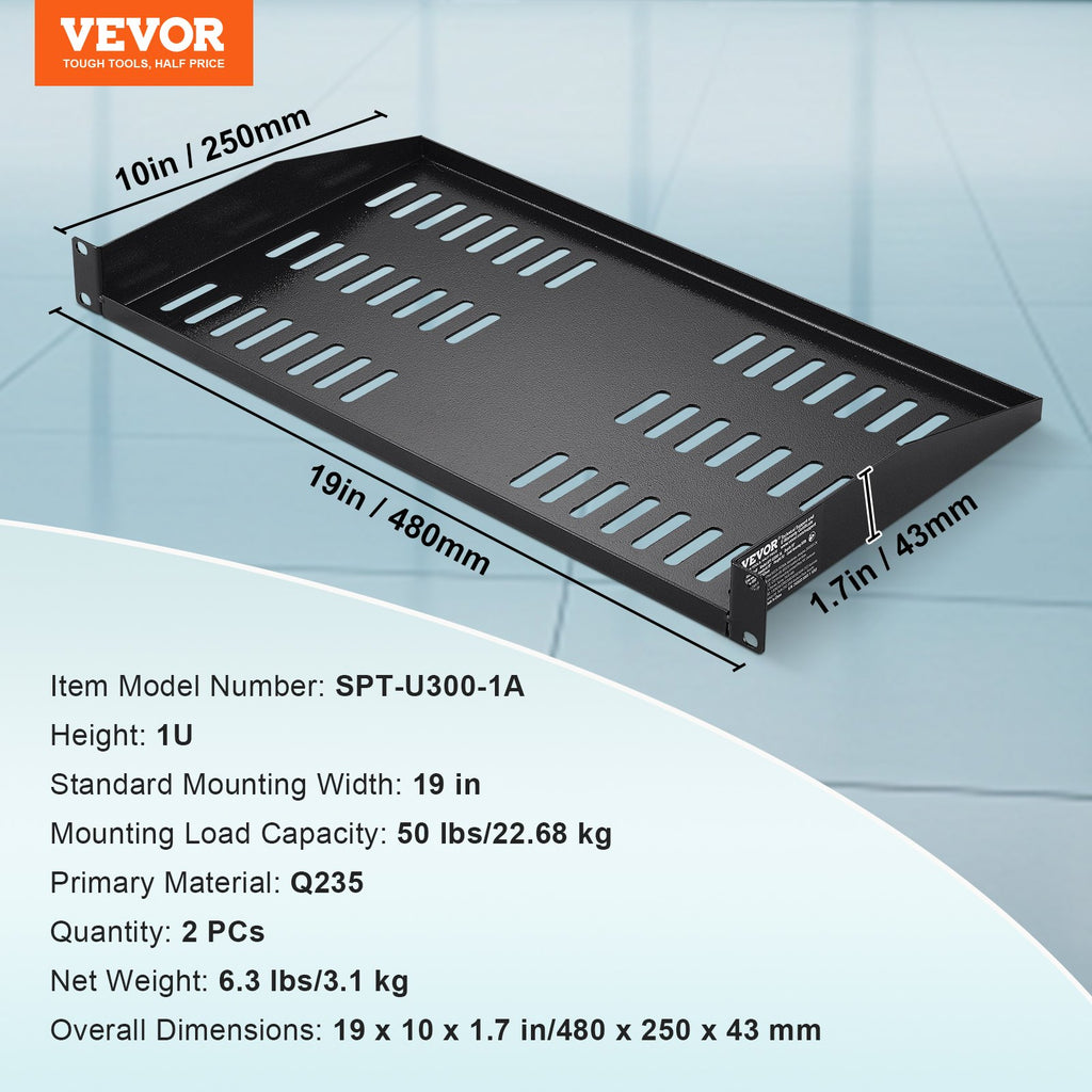 VEVOR 2PCS 1U Server Rack Shelf Depth Vented Rack Mount Shelf Tray