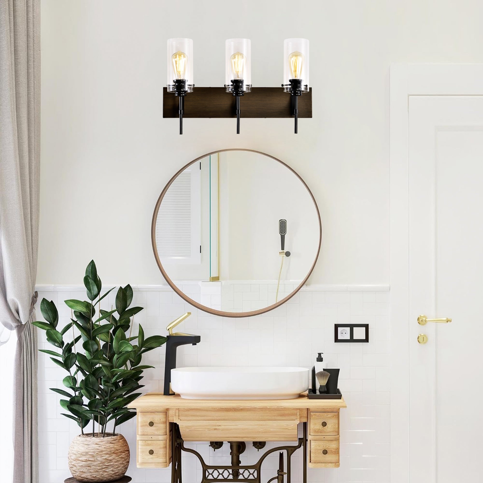 3-Light Matte Black Wood Color Bathroom Light Fixtures