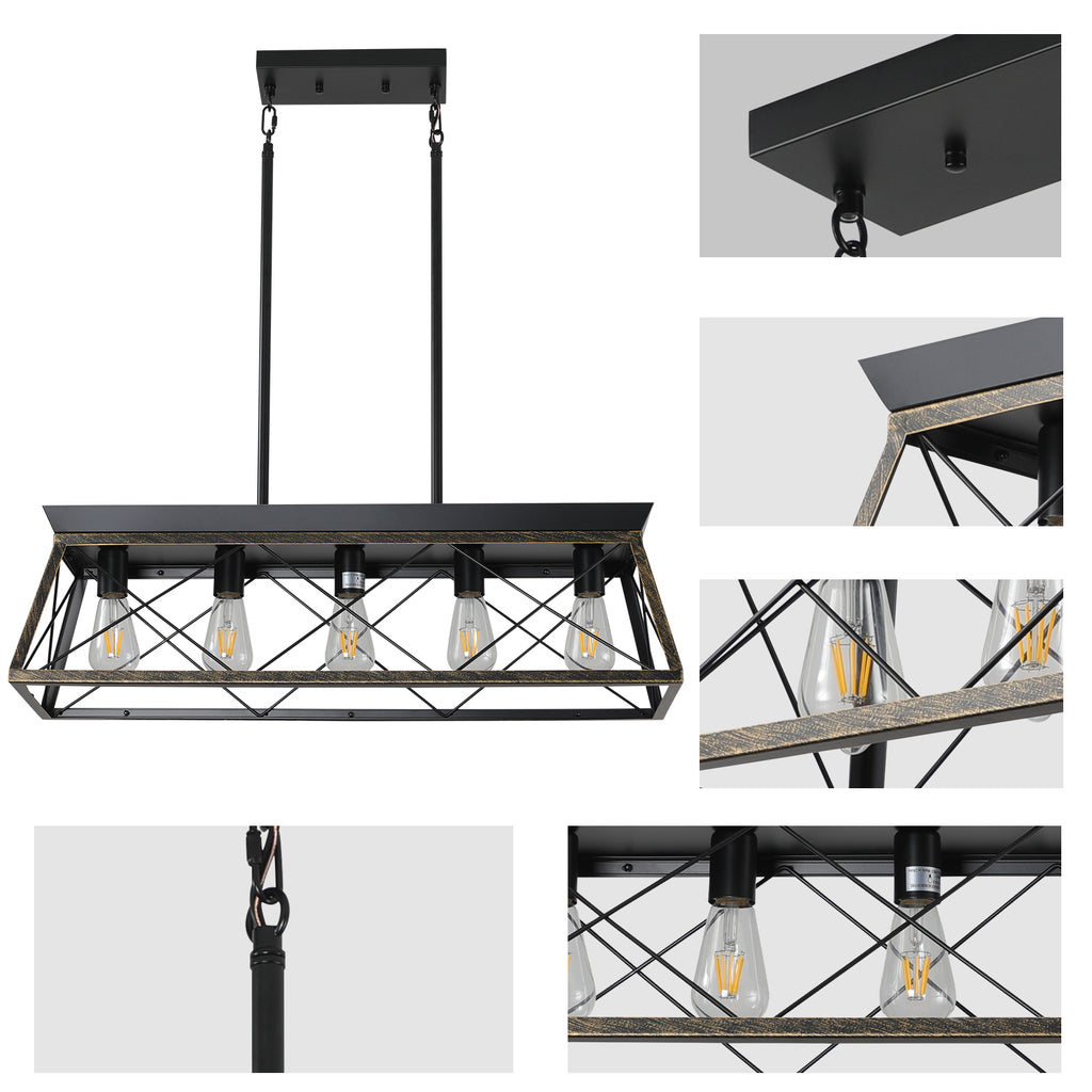 32in Black Gold Industrial 5-Light Pendant Chandelier