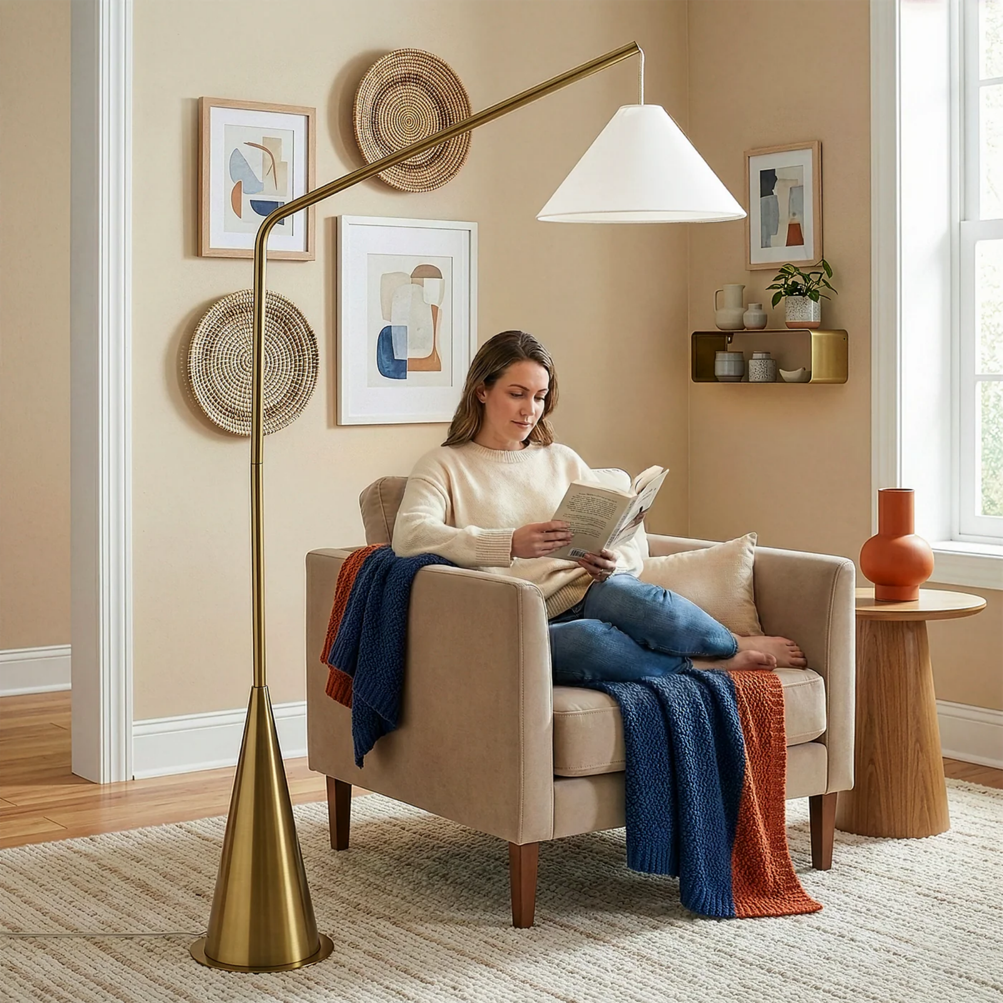 Lisbon Black Floor Lamp With On Off Coned Base Hanging White Fabric Sh