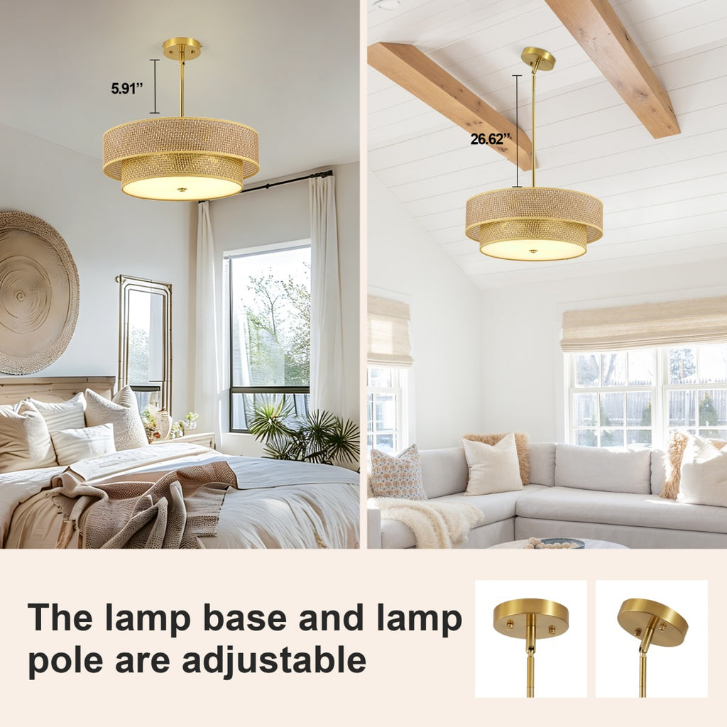 17.7 Inch Woven Rattan Linen Semi Embedded Ceiling Light Fixture