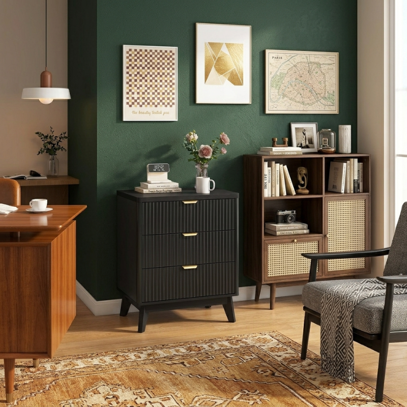Fluted Wood Nightstand | Curved Drawer Design