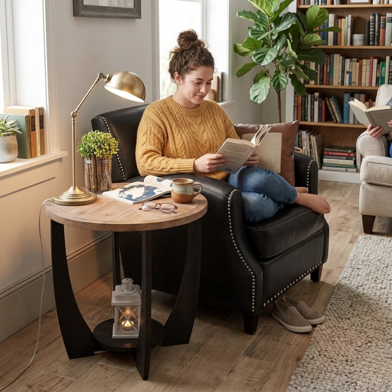 Rustic Round End Table | Storage Shelf
