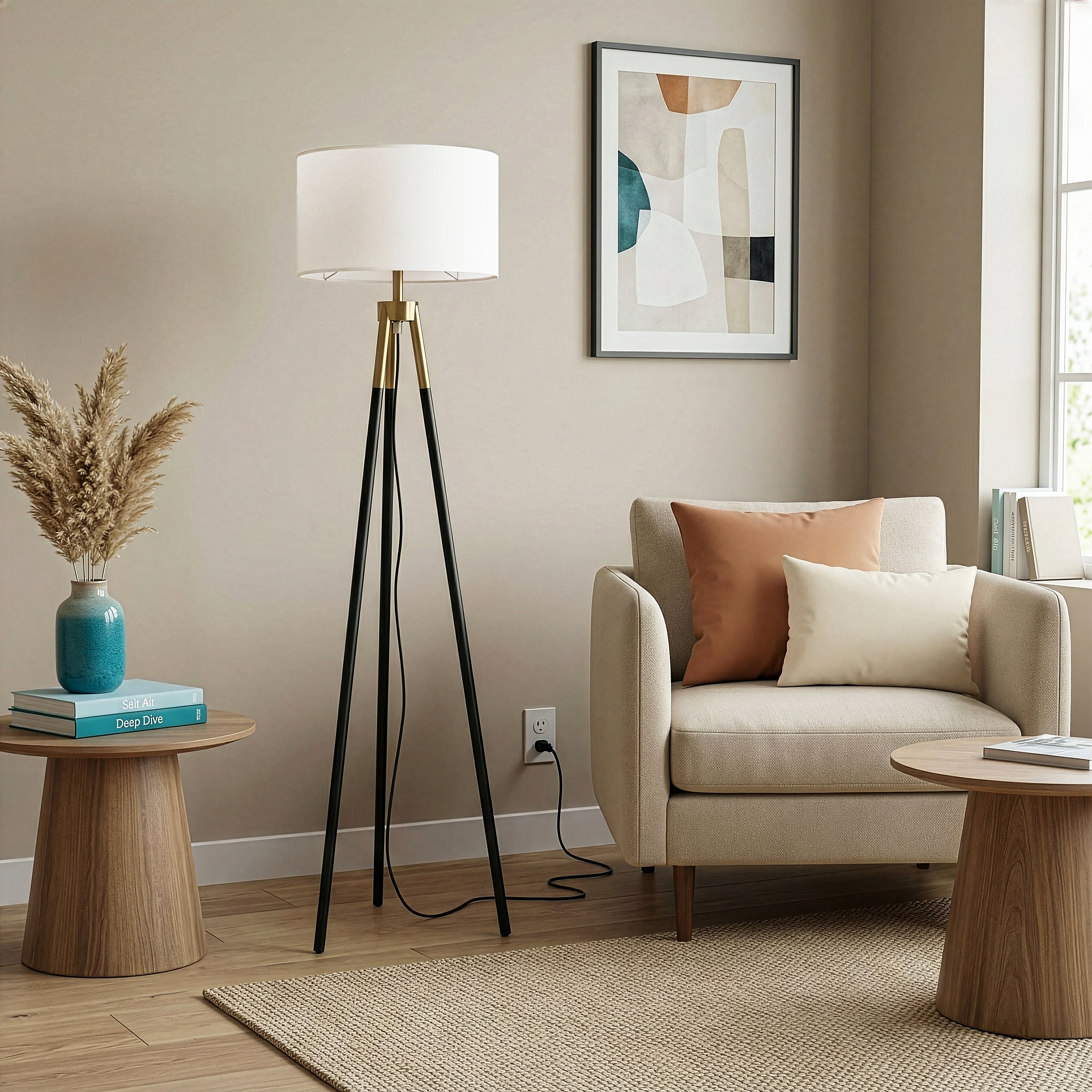 Sway Brassed Gold Floor Lamp With On Off Triple Legs White Fabric Shad