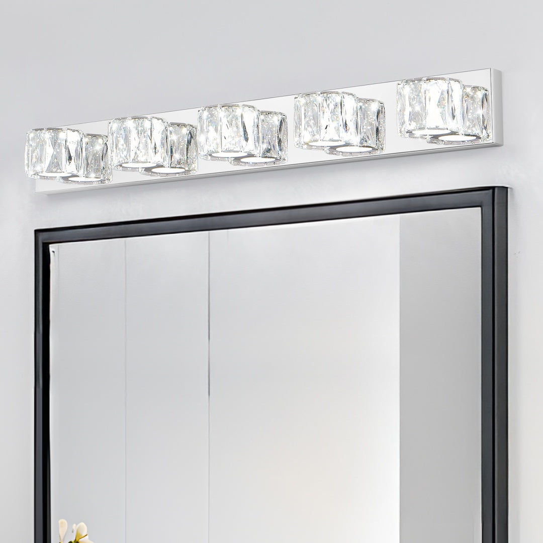 35 Modern Crystal 5-Light LED Wall Sconce -Elegant Chrome Bathroom Van