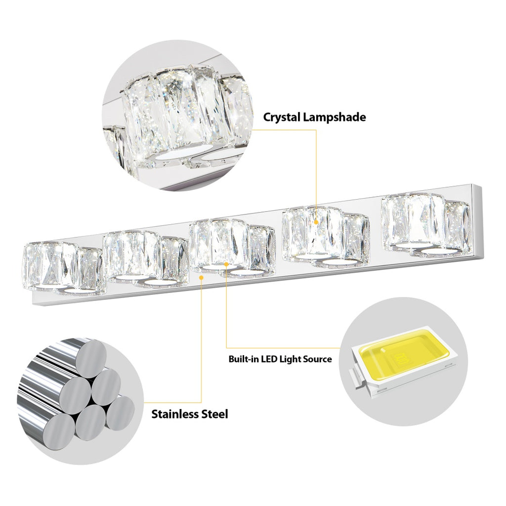35 Modern Crystal 5-Light LED Wall Sconce -Elegant Chrome Bathroom Van